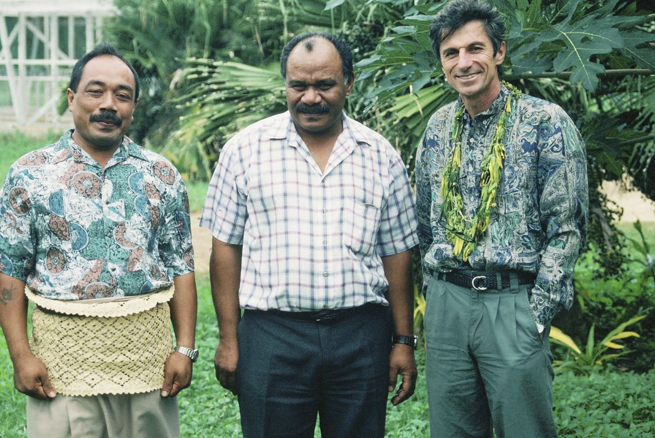 Michel, right, with intern Tevita, left, and Agric Dept official, Tonga, 1996